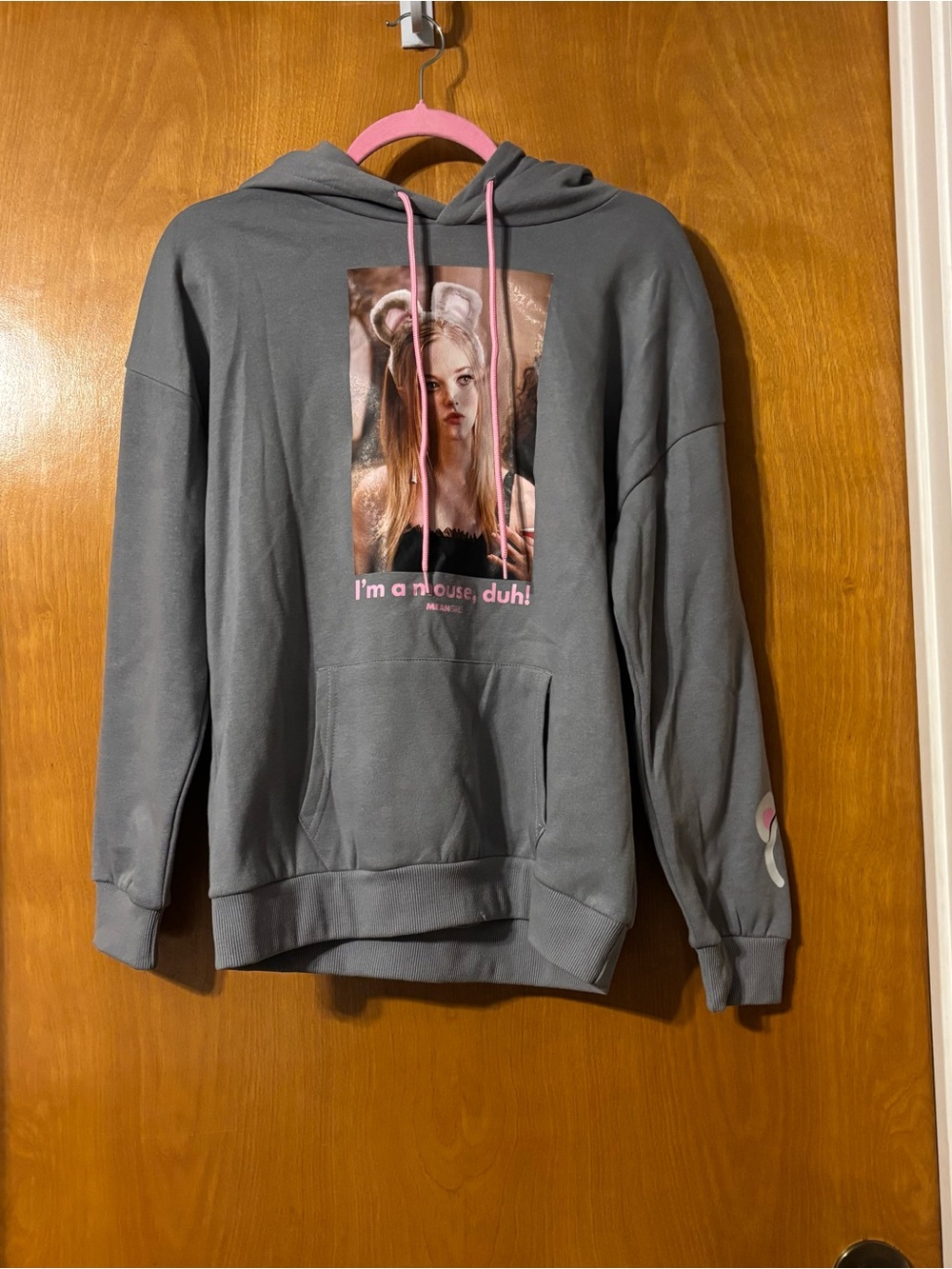 Graphic Grey Pullover Hoodie with Pink Accents